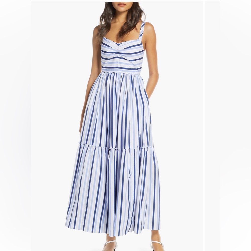 J. Crew Shirting Stripe Cotton Tiered Maxi Dress in Multi Blue size 2 $128